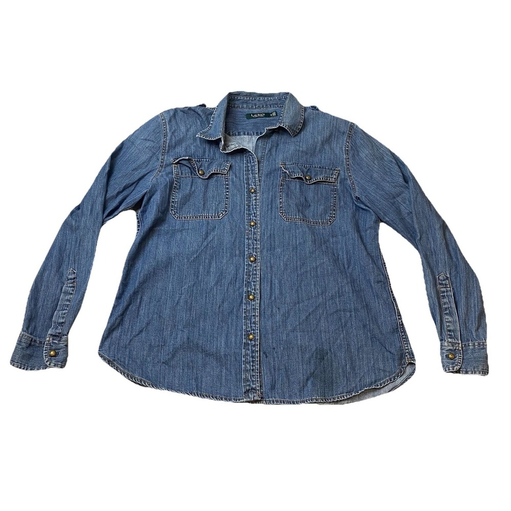 Lauren Ralph Lauren Denim Shirt Womens Size XL Blue Gold Buttons Epaulettes
